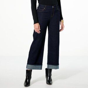 TWRHLL Christie Brinkley Wide Leg Cuffed Jean Size 12 Blue Denim Dark Wash NEW